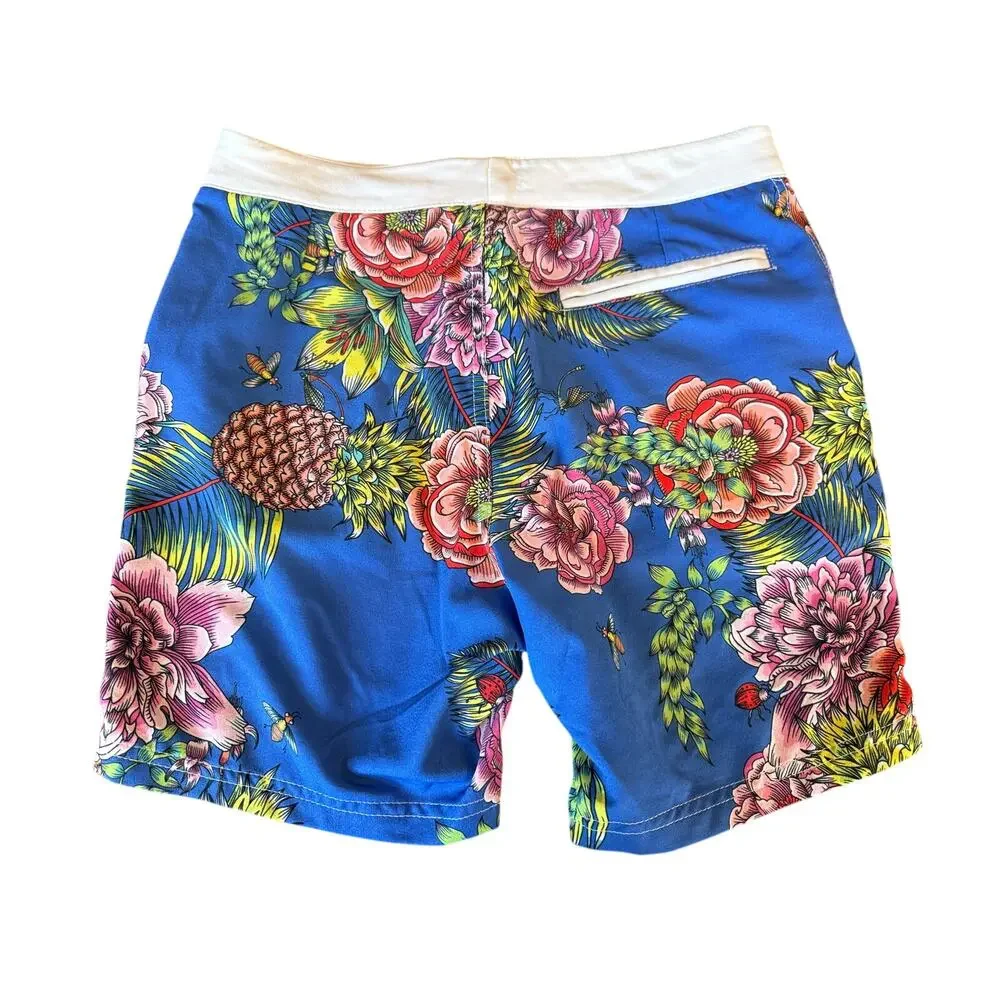 AussieBum Mens Tropical Floral Pineapple Board Shorts Swim Trunks S Blue Beach